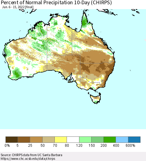 Australia Percent of Normal Precipitation 10-Day (CHIRPS) Thematic Map For 6/6/2022 - 6/15/2022