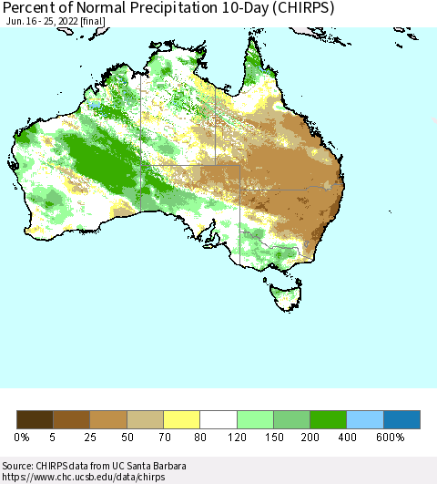 Australia Percent of Normal Precipitation 10-Day (CHIRPS) Thematic Map For 6/16/2022 - 6/25/2022