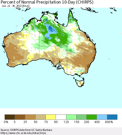 Australia Percent of Normal Precipitation 10-Day (CHIRPS) Thematic Map For 6/21/2022 - 6/30/2022