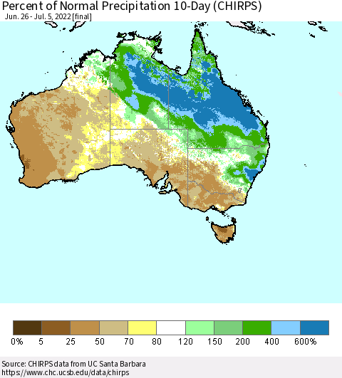 Australia Percent of Normal Precipitation 10-Day (CHIRPS) Thematic Map For 6/26/2022 - 7/5/2022
