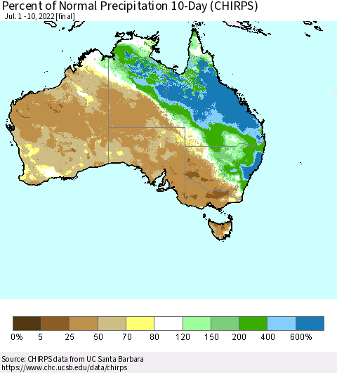 Australia Percent of Normal Precipitation 10-Day (CHIRPS) Thematic Map For 7/1/2022 - 7/10/2022
