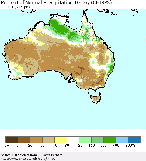 Australia Percent of Normal Precipitation 10-Day (CHIRPS) Thematic Map For 7/6/2022 - 7/15/2022