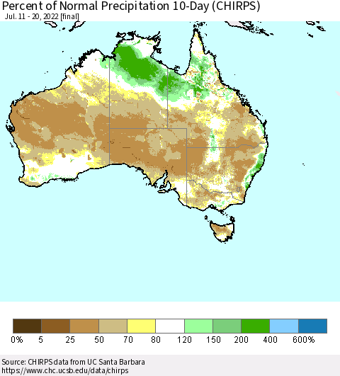 Australia Percent of Normal Precipitation 10-Day (CHIRPS) Thematic Map For 7/11/2022 - 7/20/2022