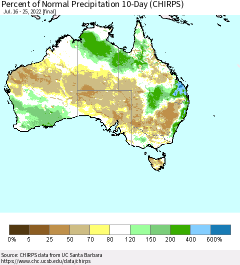 Australia Percent of Normal Precipitation 10-Day (CHIRPS) Thematic Map For 7/16/2022 - 7/25/2022