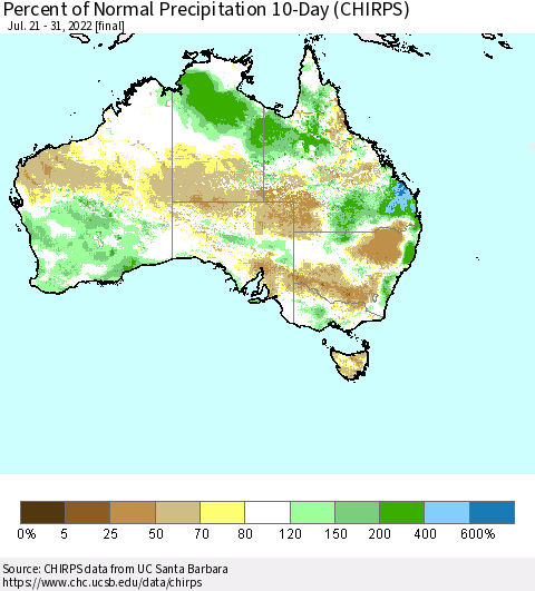 Australia Percent of Normal Precipitation 10-Day (CHIRPS) Thematic Map For 7/21/2022 - 7/31/2022