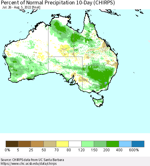 Australia Percent of Normal Precipitation 10-Day (CHIRPS) Thematic Map For 7/26/2022 - 8/5/2022