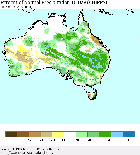 Australia Percent of Normal Precipitation 10-Day (CHIRPS) Thematic Map For 8/6/2022 - 8/15/2022