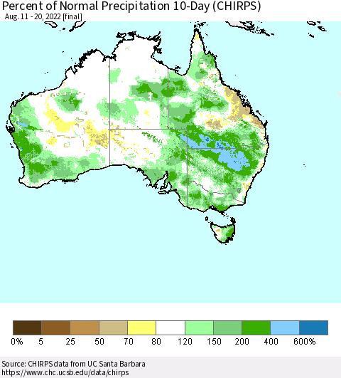 Australia Percent of Normal Precipitation 10-Day (CHIRPS) Thematic Map For 8/11/2022 - 8/20/2022