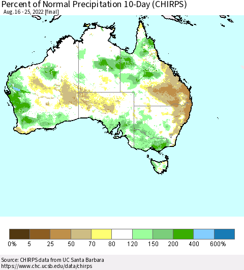 Australia Percent of Normal Precipitation 10-Day (CHIRPS) Thematic Map For 8/16/2022 - 8/25/2022