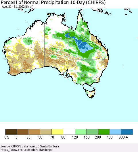 Australia Percent of Normal Precipitation 10-Day (CHIRPS) Thematic Map For 8/21/2022 - 8/31/2022
