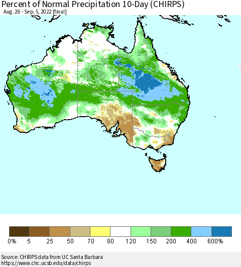Australia Percent of Normal Precipitation 10-Day (CHIRPS) Thematic Map For 8/26/2022 - 9/5/2022