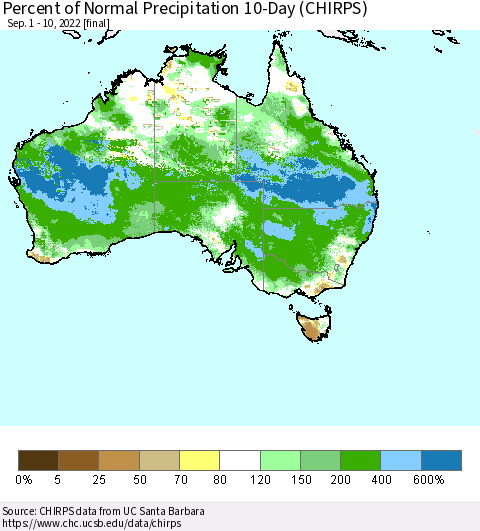 Australia Percent of Normal Precipitation 10-Day (CHIRPS) Thematic Map For 9/1/2022 - 9/10/2022