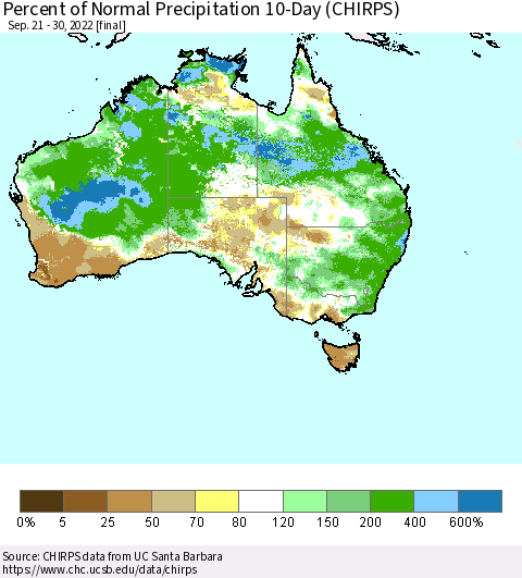 Australia Percent of Normal Precipitation 10-Day (CHIRPS) Thematic Map For 9/21/2022 - 9/30/2022