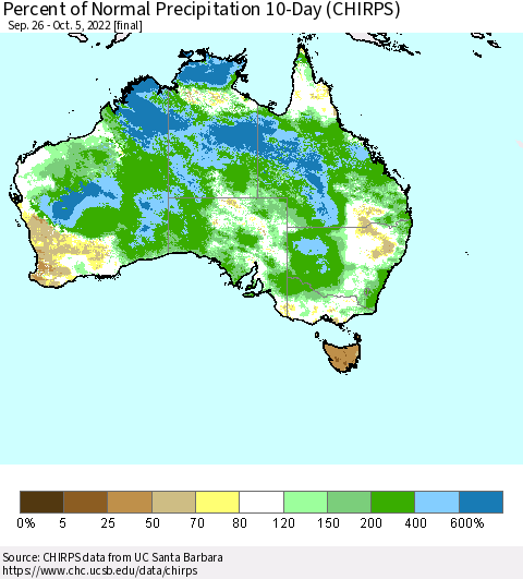 Australia Percent of Normal Precipitation 10-Day (CHIRPS) Thematic Map For 9/26/2022 - 10/5/2022