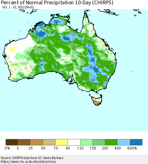Australia Percent of Normal Precipitation 10-Day (CHIRPS) Thematic Map For 10/1/2022 - 10/10/2022