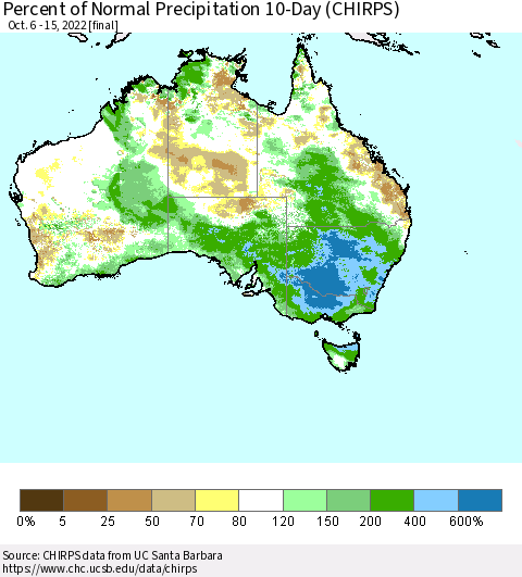 Australia Percent of Normal Precipitation 10-Day (CHIRPS) Thematic Map For 10/6/2022 - 10/15/2022