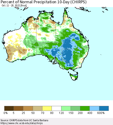 Australia Percent of Normal Precipitation 10-Day (CHIRPS) Thematic Map For 10/11/2022 - 10/20/2022