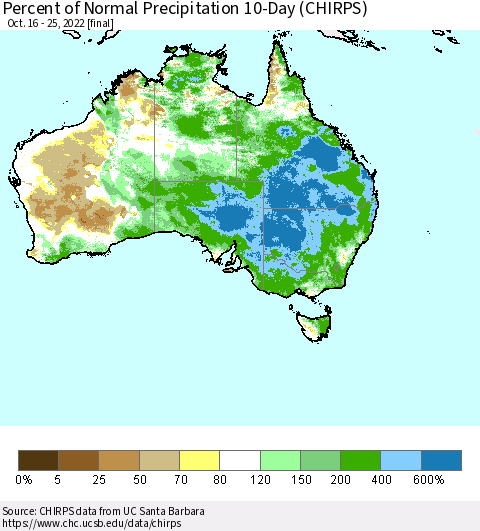 Australia Percent of Normal Precipitation 10-Day (CHIRPS) Thematic Map For 10/16/2022 - 10/25/2022