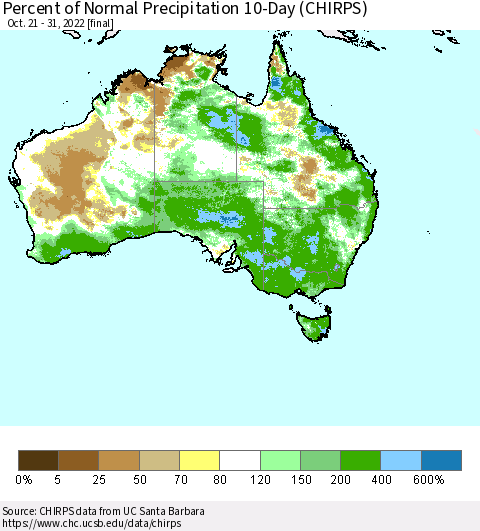 Australia Percent of Normal Precipitation 10-Day (CHIRPS) Thematic Map For 10/21/2022 - 10/31/2022