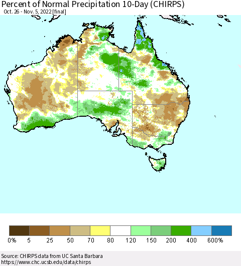 Australia Percent of Normal Precipitation 10-Day (CHIRPS) Thematic Map For 10/26/2022 - 11/5/2022