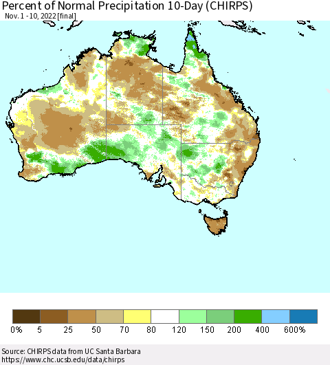 Australia Percent of Normal Precipitation 10-Day (CHIRPS) Thematic Map For 11/1/2022 - 11/10/2022