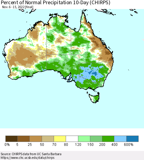 Australia Percent of Normal Precipitation 10-Day (CHIRPS) Thematic Map For 11/6/2022 - 11/15/2022