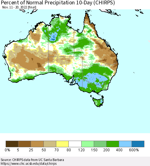 Australia Percent of Normal Precipitation 10-Day (CHIRPS) Thematic Map For 11/11/2022 - 11/20/2022
