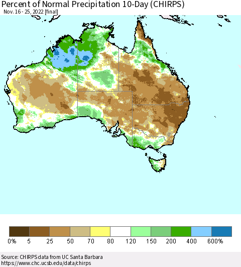 Australia Percent of Normal Precipitation 10-Day (CHIRPS) Thematic Map For 11/16/2022 - 11/25/2022