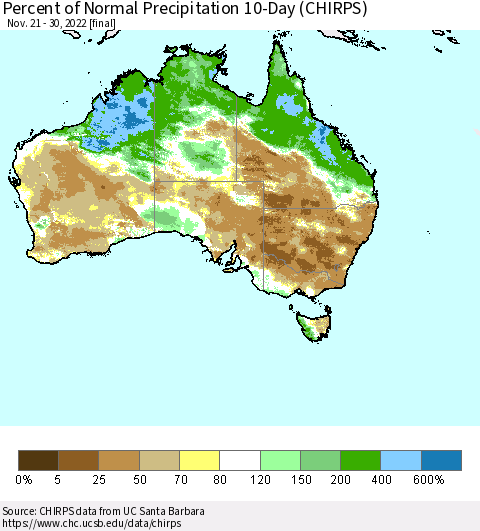 Australia Percent of Normal Precipitation 10-Day (CHIRPS) Thematic Map For 11/21/2022 - 11/30/2022