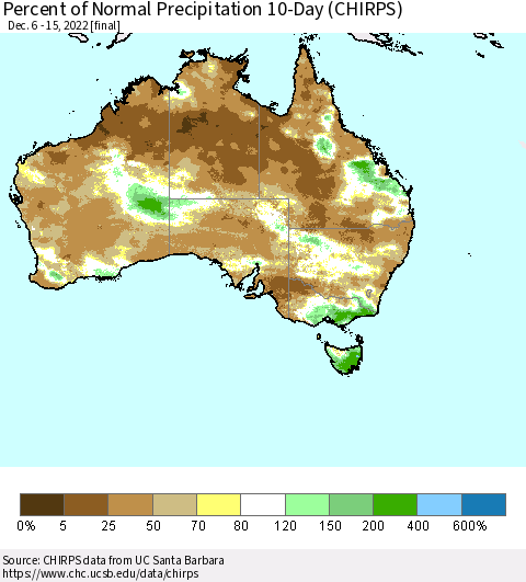 Australia Percent of Normal Precipitation 10-Day (CHIRPS) Thematic Map For 12/6/2022 - 12/15/2022