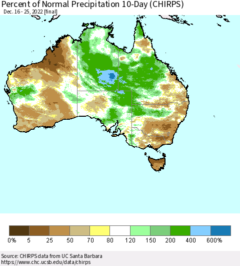 Australia Percent of Normal Precipitation 10-Day (CHIRPS) Thematic Map For 12/16/2022 - 12/25/2022