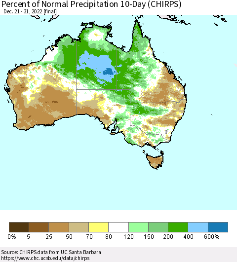 Australia Percent of Normal Precipitation 10-Day (CHIRPS) Thematic Map For 12/21/2022 - 12/31/2022