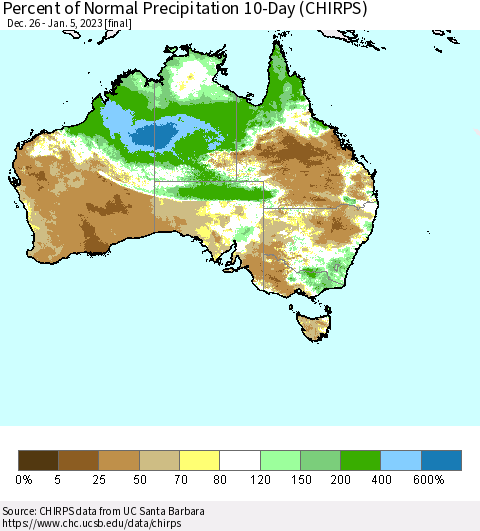 Australia Percent of Normal Precipitation 10-Day (CHIRPS) Thematic Map For 12/26/2022 - 1/5/2023