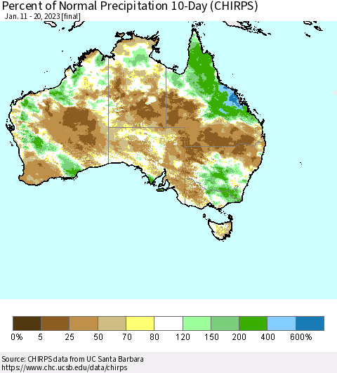 Australia Percent of Normal Precipitation 10-Day (CHIRPS) Thematic Map For 1/11/2023 - 1/20/2023