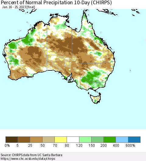 Australia Percent of Normal Precipitation 10-Day (CHIRPS) Thematic Map For 1/16/2023 - 1/25/2023