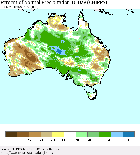 Australia Percent of Normal Precipitation 10-Day (CHIRPS) Thematic Map For 1/26/2023 - 2/5/2023