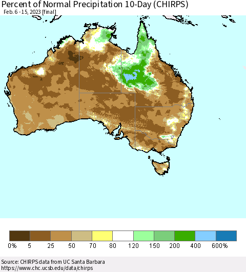 Australia Percent of Normal Precipitation 10-Day (CHIRPS) Thematic Map For 2/6/2023 - 2/15/2023