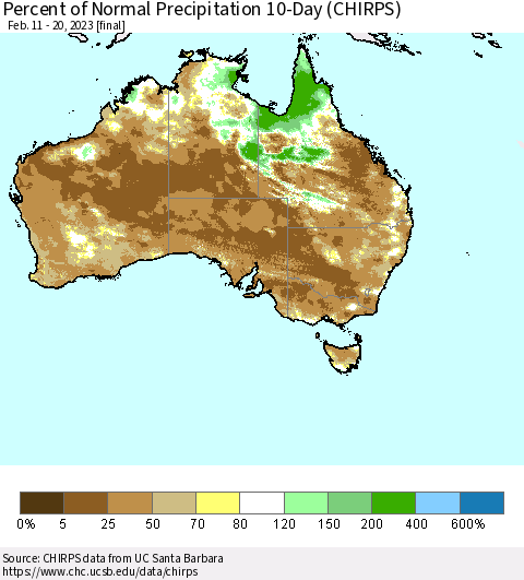 Australia Percent of Normal Precipitation 10-Day (CHIRPS) Thematic Map For 2/11/2023 - 2/20/2023