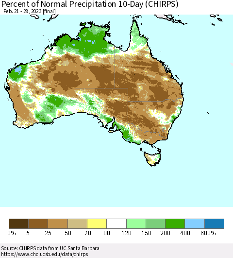 Australia Percent of Normal Precipitation 10-Day (CHIRPS) Thematic Map For 2/21/2023 - 2/28/2023