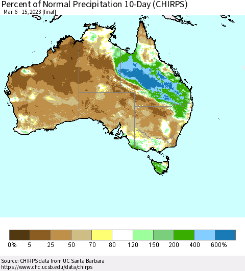 Australia Percent of Normal Precipitation 10-Day (CHIRPS) Thematic Map For 3/6/2023 - 3/15/2023