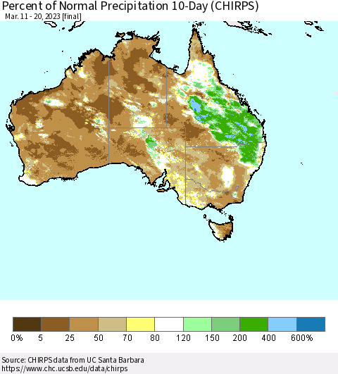 Australia Percent of Normal Precipitation 10-Day (CHIRPS) Thematic Map For 3/11/2023 - 3/20/2023