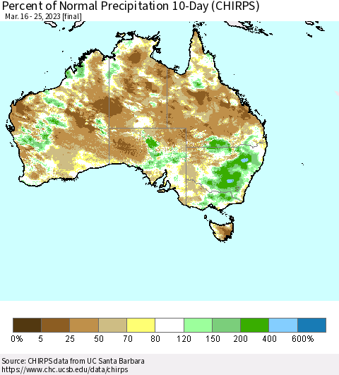 Australia Percent of Normal Precipitation 10-Day (CHIRPS) Thematic Map For 3/16/2023 - 3/25/2023
