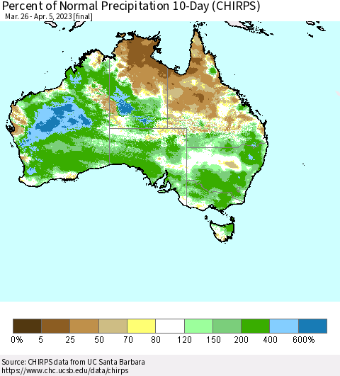 Australia Percent of Normal Precipitation 10-Day (CHIRPS) Thematic Map For 3/26/2023 - 4/5/2023