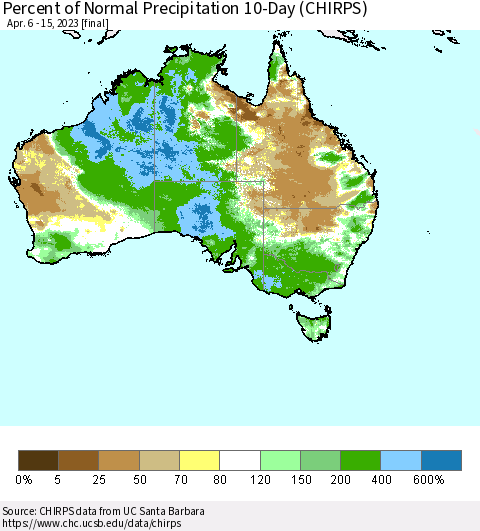 Australia Percent of Normal Precipitation 10-Day (CHIRPS) Thematic Map For 4/6/2023 - 4/15/2023