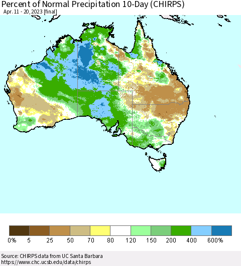 Australia Percent of Normal Precipitation 10-Day (CHIRPS) Thematic Map For 4/11/2023 - 4/20/2023