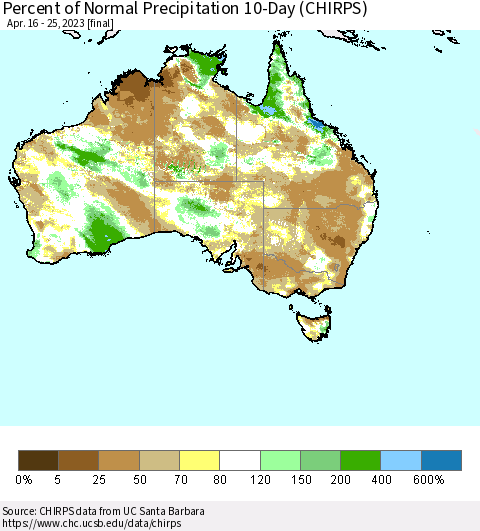 Australia Percent of Normal Precipitation 10-Day (CHIRPS) Thematic Map For 4/16/2023 - 4/25/2023