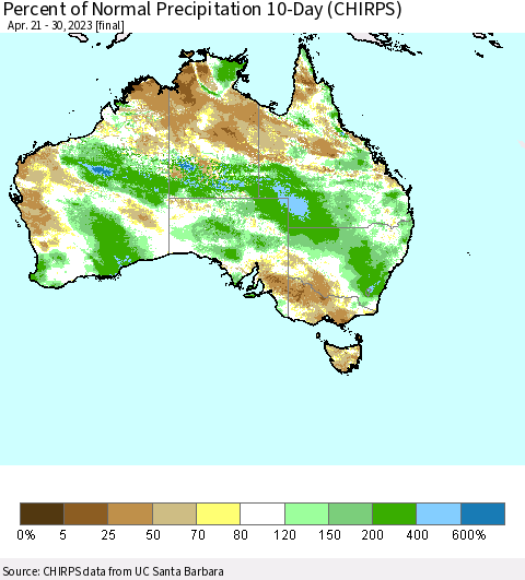 Australia Percent of Normal Precipitation 10-Day (CHIRPS) Thematic Map For 4/21/2023 - 4/30/2023
