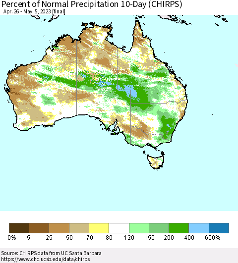 Australia Percent of Normal Precipitation 10-Day (CHIRPS) Thematic Map For 4/26/2023 - 5/5/2023