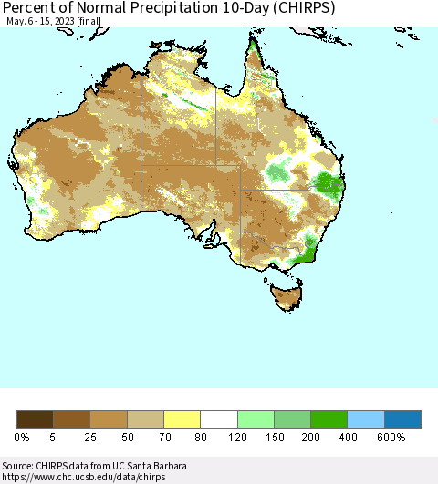 Australia Percent of Normal Precipitation 10-Day (CHIRPS) Thematic Map For 5/6/2023 - 5/15/2023