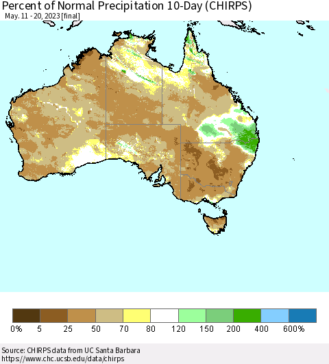 Australia Percent of Normal Precipitation 10-Day (CHIRPS) Thematic Map For 5/11/2023 - 5/20/2023